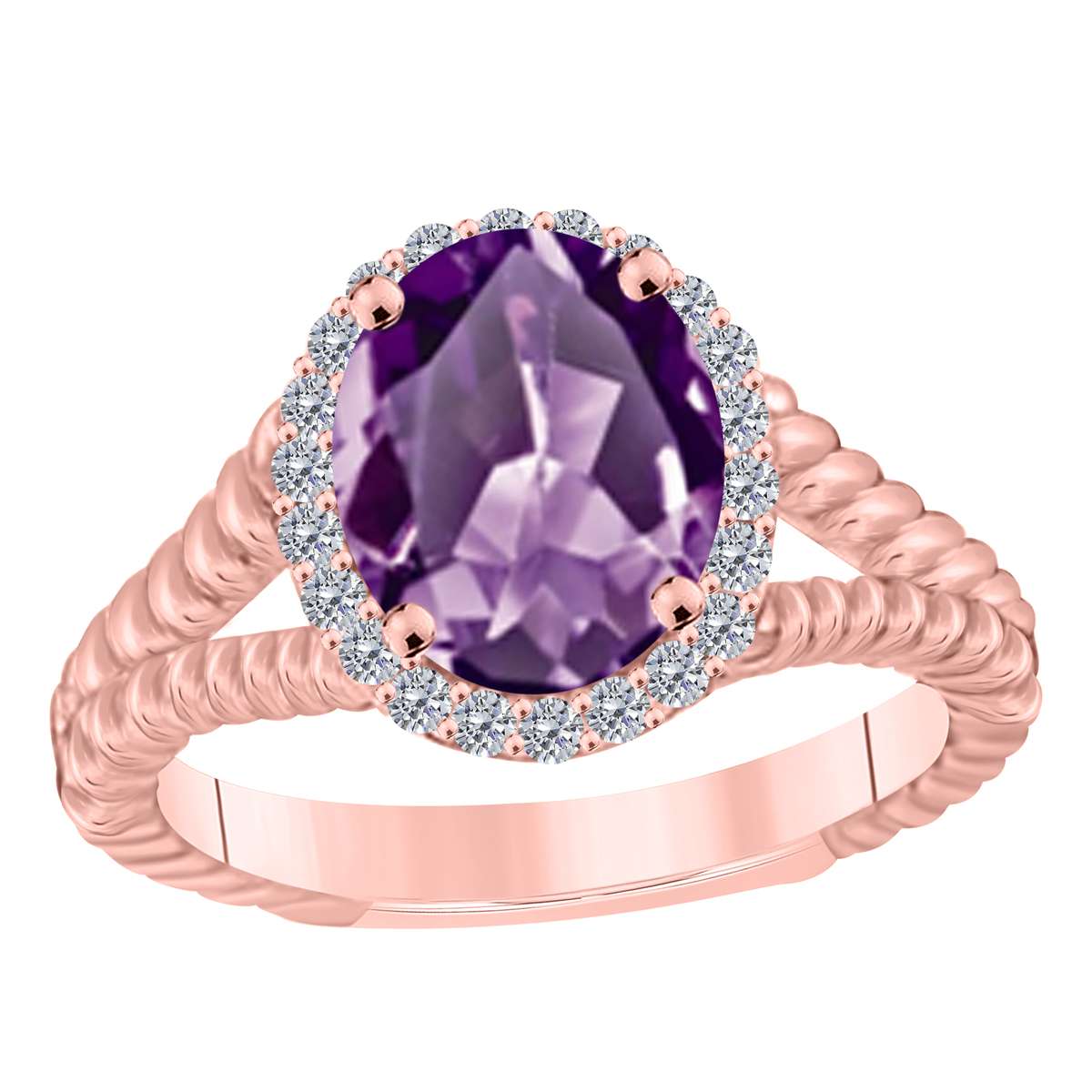 MAULIJEWELS  1.43 Carat Diamond And Oval Shaped Amethyst Gemstone Rings 10K White Rose & Yellow Gold