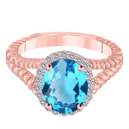 MAULIJEWELS 1.43 Carat Diamond and Oval Shaped Blue Topaz Gemstone Ring in 10K White, Rose, and Yellow Gold Mauli Jewels