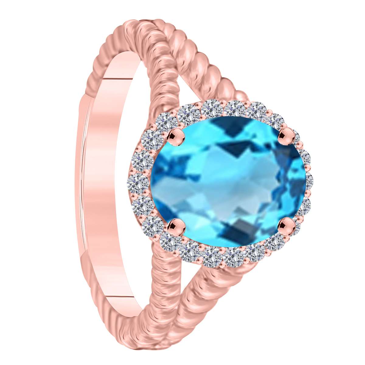 MAULIJEWELS  1.43 Carat Diamond And Oval Shaped Blue-Topaz Gemstone Rings 10K White Rose & Yellow Gold