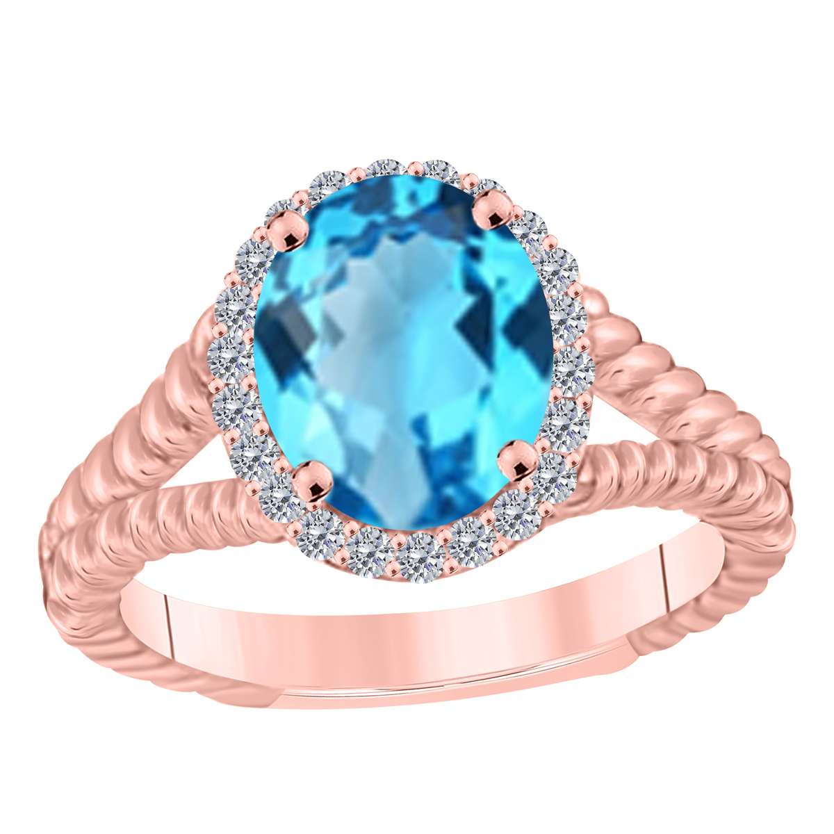 MAULIJEWELS  1.43 Carat Diamond And Oval Shaped Blue-Topaz Gemstone Rings 10K White Rose & Yellow Gold