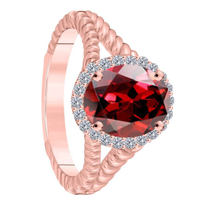 MAULIJEWELS  1.43 Carat Diamond And Oval Shaped Garnet Gemstone Rings 10K White Rose & Yellow Gold