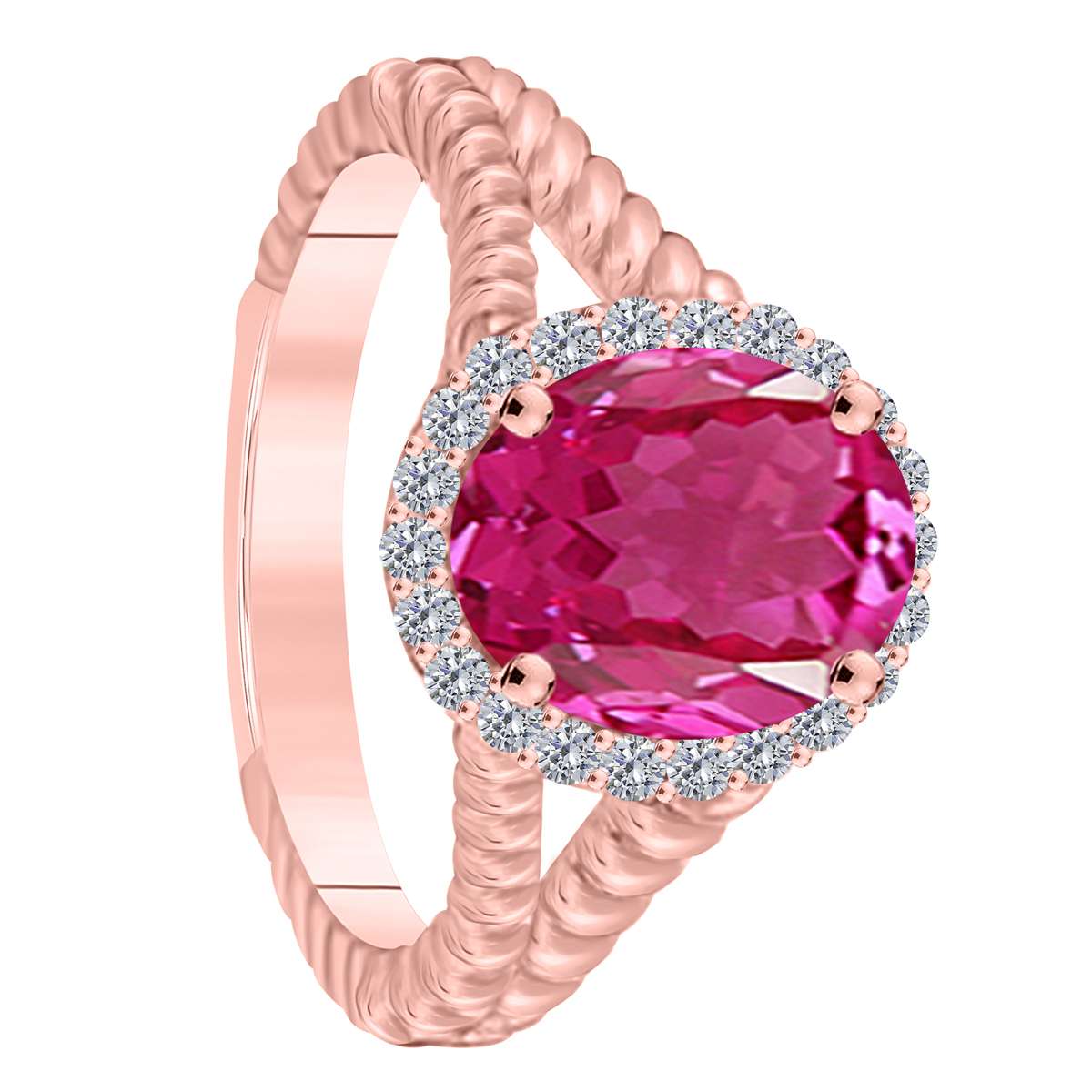 MAULIJEWELS  1.43 Carat Diamond And Oval Shaped Pink-Topaz Gemstone Rings 10K White Rose & Yellow Gold