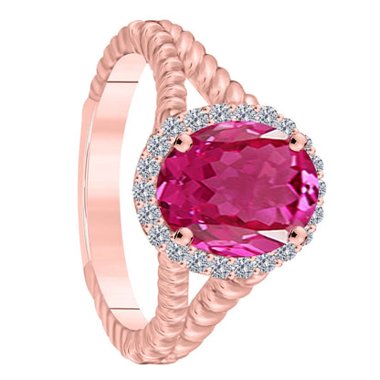 MAULIJEWELS  1.43 Carat Diamond And Oval Shaped Pink-Topaz Gemstone Rings 10K White Rose & Yellow Gold