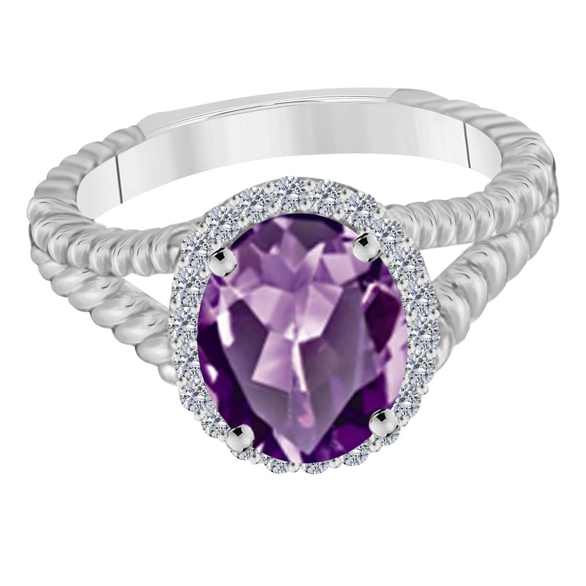 MAULIJEWELS  1.43 Carat Diamond And Oval Shaped Amethyst Gemstone Rings 10K White Rose & Yellow Gold