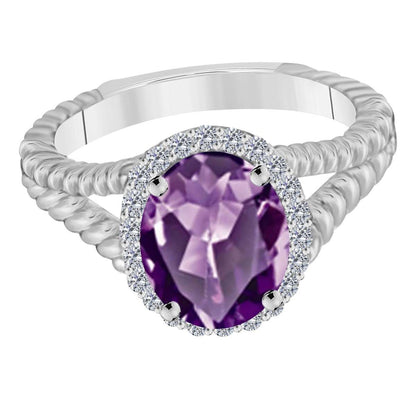 MAULIJEWELS  1.43 Carat Diamond And Oval Shaped Amethyst Gemstone Rings 10K White Rose & Yellow Gold