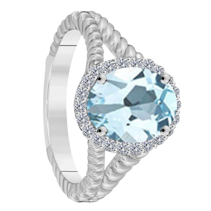 MAULIJEWELS  1.43 Carat Diamond And Oval Shaped Aquamarine Gemstone Rings 10K White Rose & Yellow Gold