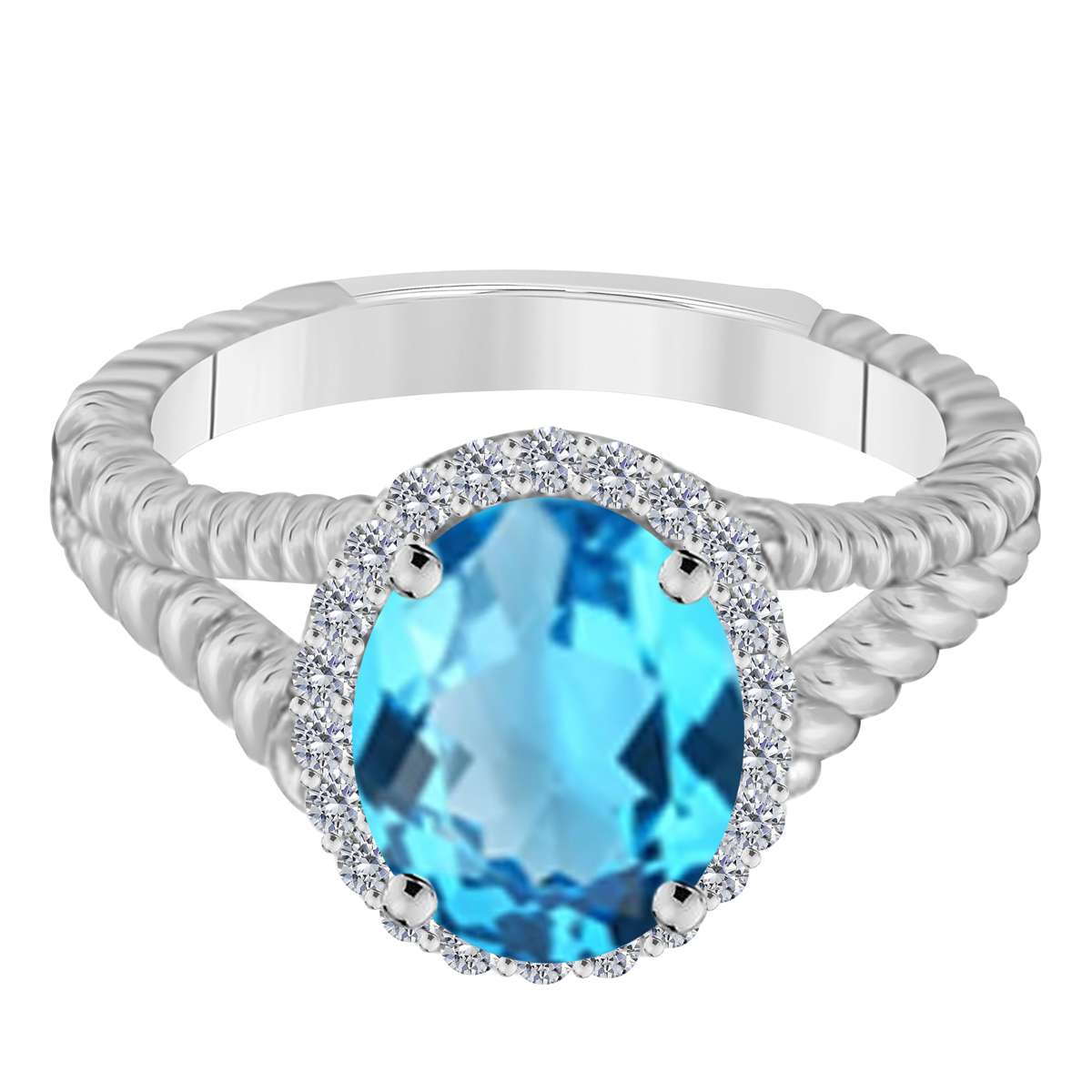 MAULIJEWELS  1.43 Carat Diamond And Oval Shaped Blue-Topaz Gemstone Rings 10K White Rose & Yellow Gold