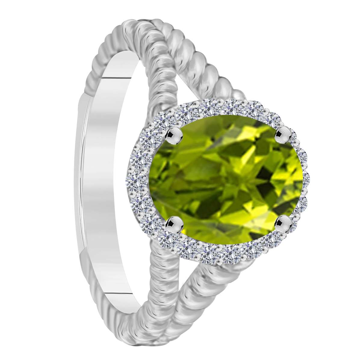 MAULIJEWELS  1.43 Carat Diamond And Oval Shaped Peridot Gemstone Rings 10K White Rose & Yellow Gold