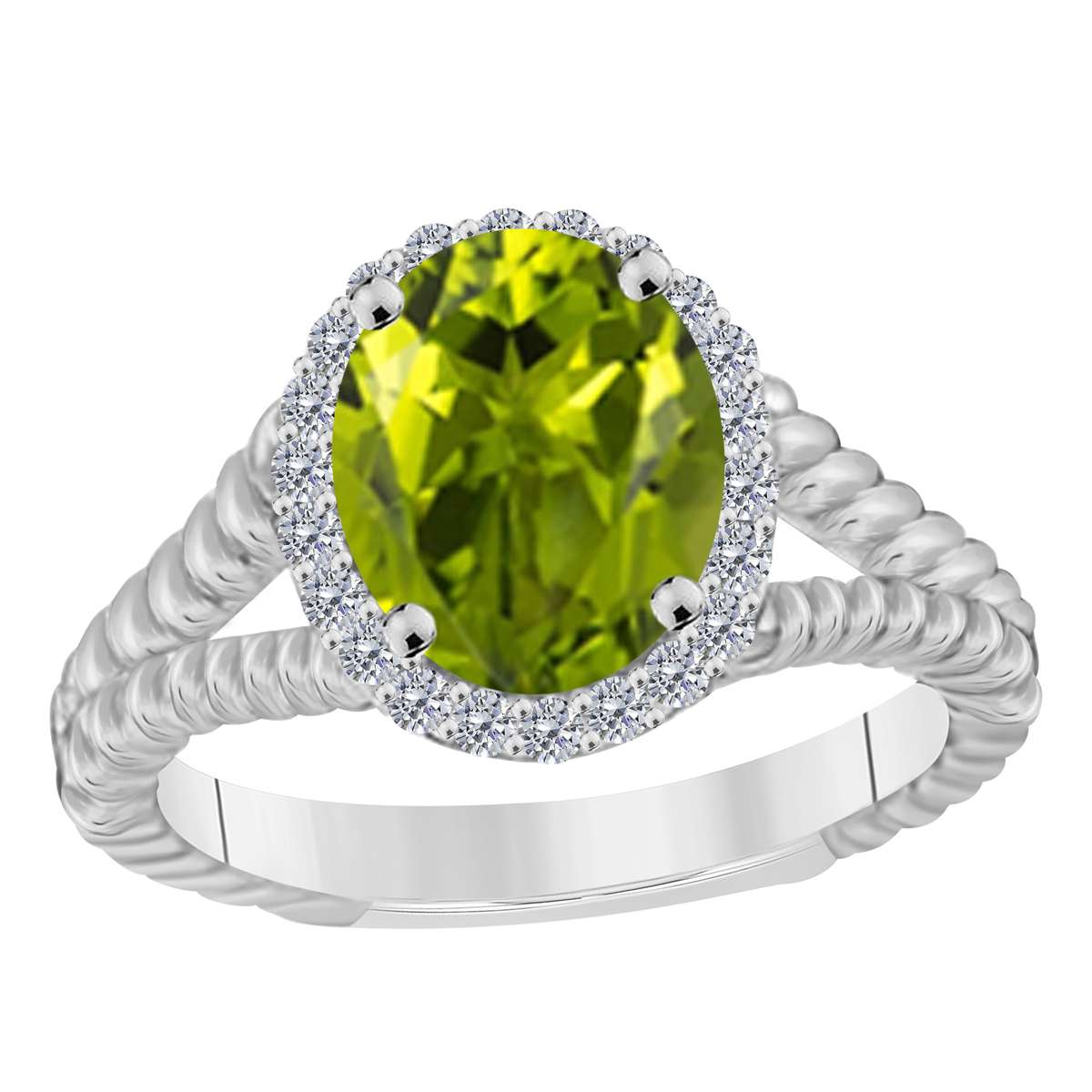 MAULIJEWELS  1.43 Carat Diamond And Oval Shaped Peridot Gemstone Rings 10K White Rose & Yellow Gold