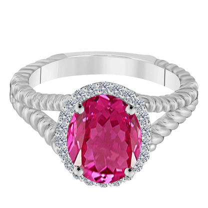 MAULIJEWELS 1.43 Carat Diamond & Oval Pink-Topaz Gemstone Ring in 10K White, Rose & Yellow Gold Mauli Jewels