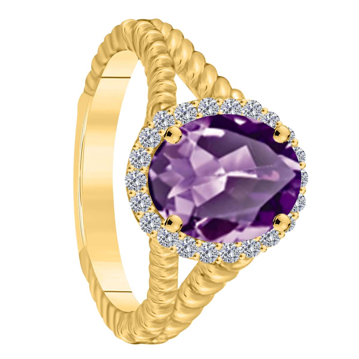 MAULIJEWELS  1.43 Carat Diamond And Oval Shaped Amethyst Gemstone Rings 10K White Rose & Yellow Gold