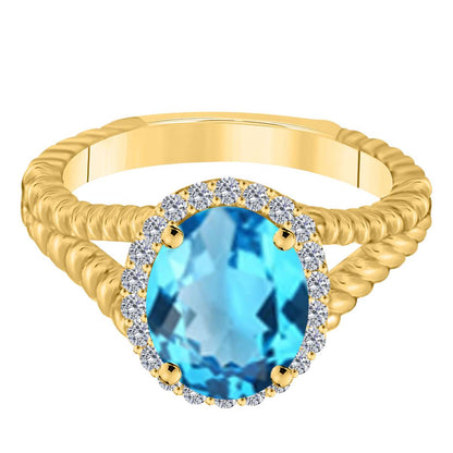 MAULIJEWELS 1.43 Carat Diamond and Oval Shaped Blue Topaz Gemstone Ring in 10K White, Rose, and Yellow Gold Mauli Jewels