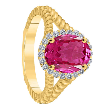 MAULIJEWELS 1.43 Carat Diamond & Oval Pink-Topaz Gemstone Ring in 10K White, Rose & Yellow Gold Mauli Jewels