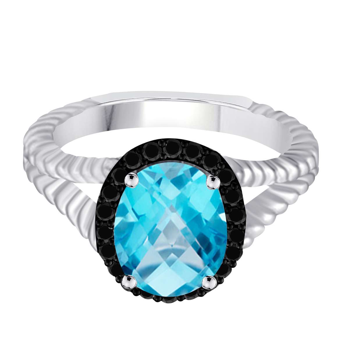 Mauli Jewels 2.00 Carat Halo Black Diamond and Oval Shaped Blue-Topaz Gemstone Split Shank Rope Design Ring in 10K White & Yellow Gold