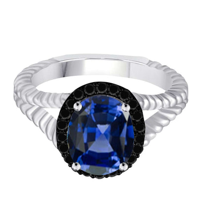 Mauli Jewels 2.00 Carat Halo Black Diamond and Oval Shaped Tanzanite Gemstone Split Shank Rope Design Ring in 10K White Gold