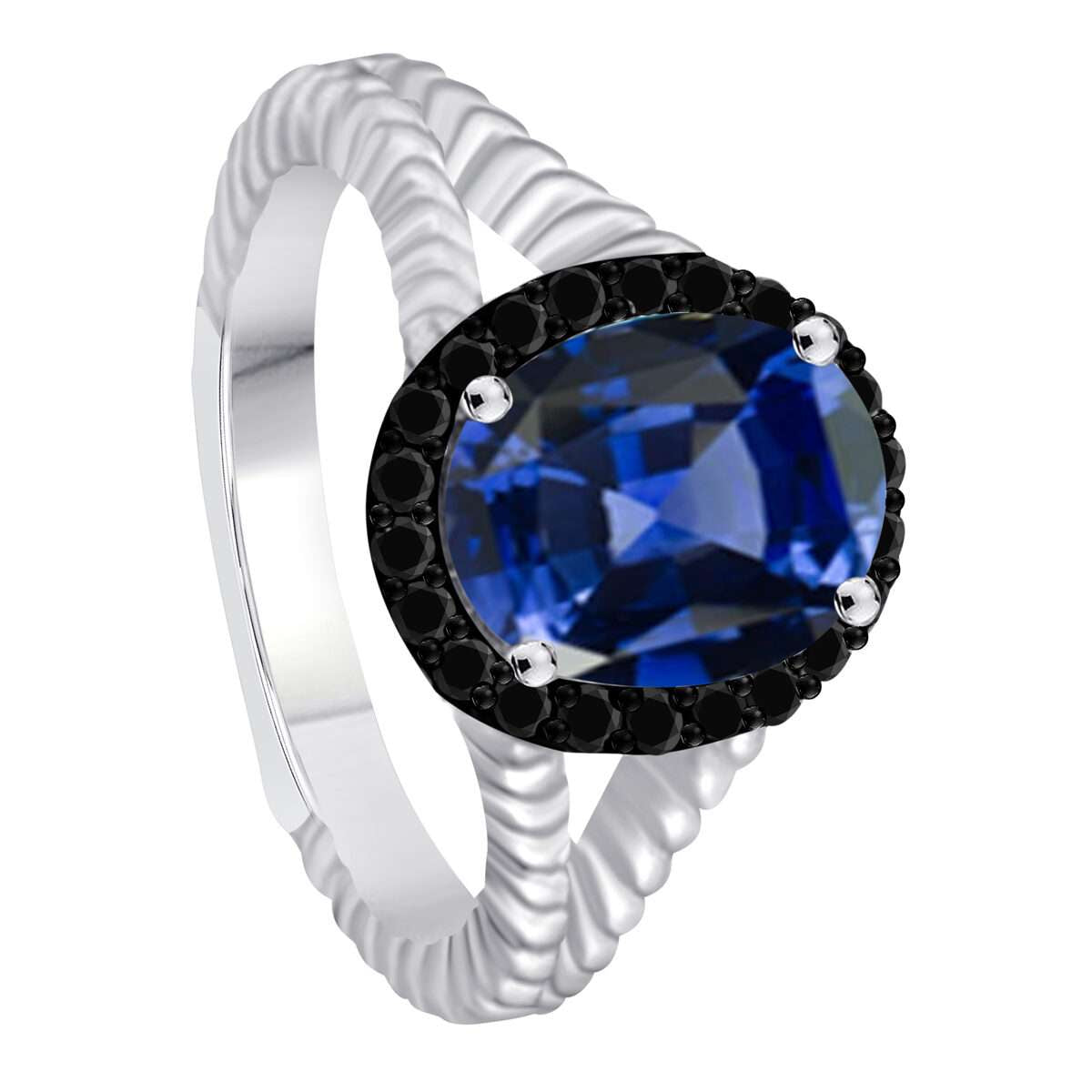 Mauli Jewels 2.00 Carat Halo Black Diamond and Oval Shaped Tanzanite Gemstone Split Shank Rope Design Ring in 10K White Gold