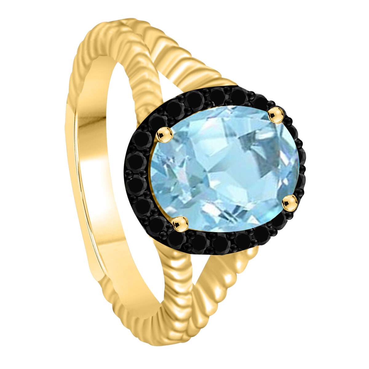 Mauli Jewels 2.00 Carat Halo Black Diamond and Oval Shaped Aquamarine Gemstone Split Shank Rope Design Ring in 10K White & Yellow Gold