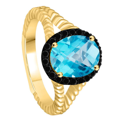 Mauli Jewels 2.00 Carat Halo Black Diamond and Oval Shaped Blue-Topaz Gemstone Split Shank Rope Design Ring in 10K White & Yellow Gold