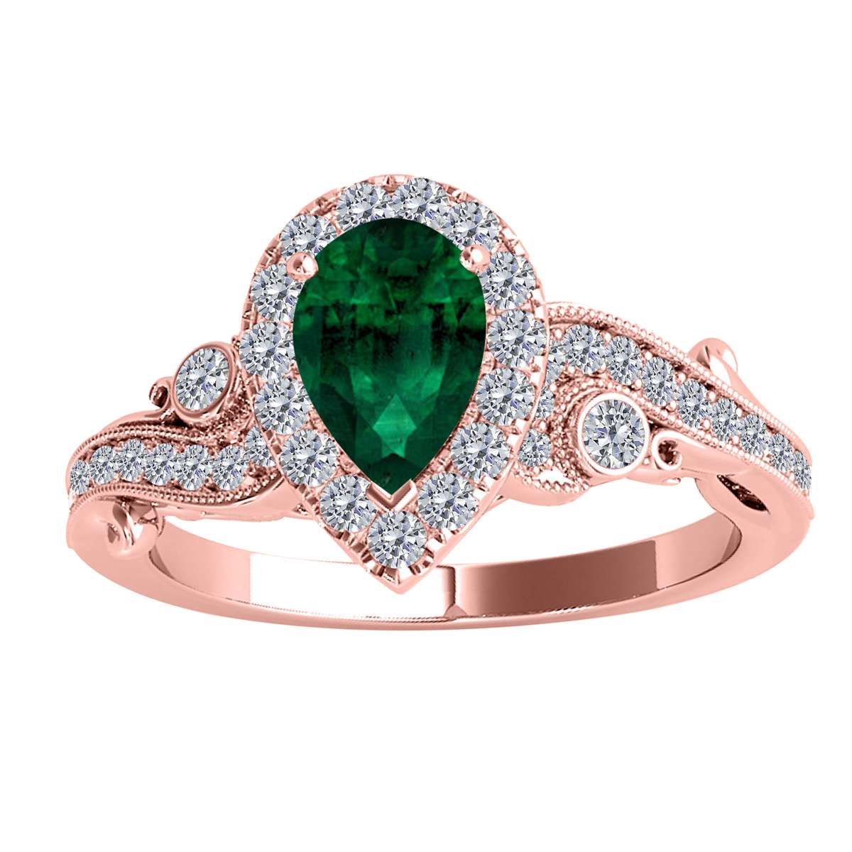 Mauli Jewels 1.35 Carat Diamond and Pear Shaped Emerald Gemstone Halo Ring in 10K White, Rose & Yellow Gold