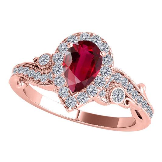 Mauli Jewels 1.35 Carat Diamond and Pear Shaped Ruby Gemstone Halo Ring in 10K White, Rose & Yellow Gold