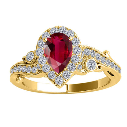 Mauli Jewels 1.35 Carat Diamond and Pear Shaped Ruby Gemstone Halo Ring in 10K White, Rose & Yellow Gold