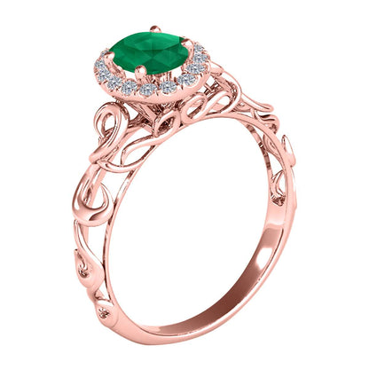 Mauli Jewels 0.90 Carat Diamond and Oval Shaped Emerald Gemstone Halo Ring in 14K White, Rose & Yellow Gold