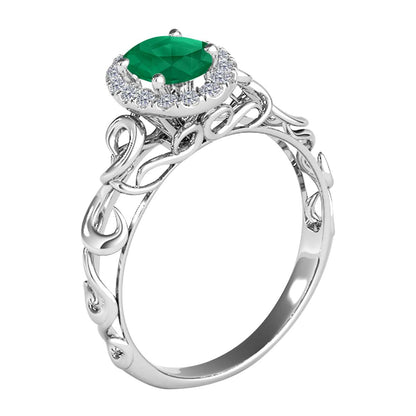 Mauli Jewels 0.90 Carat Diamond and Oval Shaped Emerald Gemstone Halo Ring in 14K White, Rose & Yellow Gold