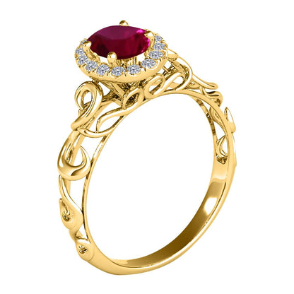 Mauli Jewels 0.90 Carat Diamond & Oval Ruby Gemstone Halo Ring in 14K White, Rose & Yellow Gold Mauli Jewels