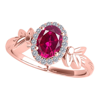 Mauli Jewels 0.90 Carat Diamond and Oval Shaped Ruby Gemstone Halo Ring in 10K White, Rose & Yellow Gold