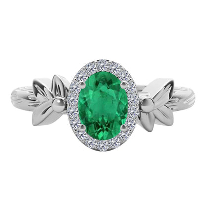 Mauli Jewels 0.90 Carat Diamond and Oval Shaped Emerald Gemstone Halo Ring in 10K White, Rose & Yellow Gold