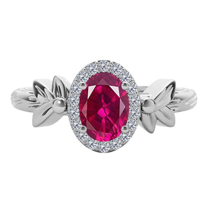 Mauli Jewels 0.90 Carat Diamond and Oval Shaped Ruby Gemstone Halo Ring in 10K White, Rose & Yellow Gold