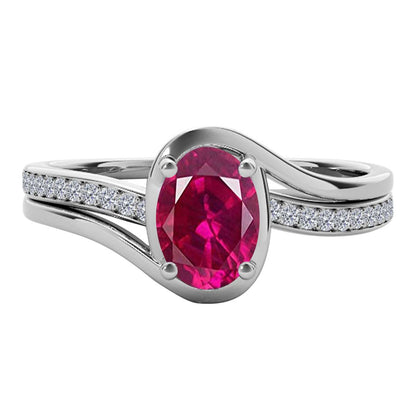 Wave-Inspired Beauty: Maulijewels 0.95 Carat Oval Shape Ruby & Round White Diamond Gemstone Ring in Prong-Setting 14K White,Yellow and Rose Gold