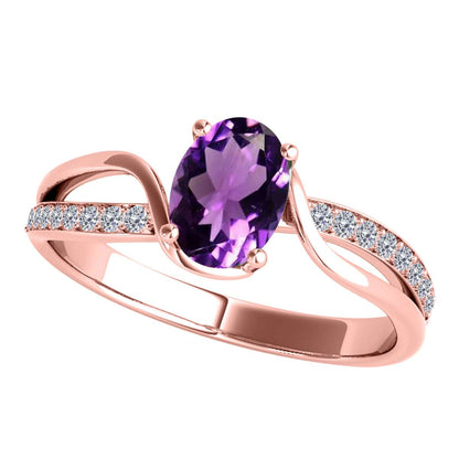 Maulijewels 1.40 Carat Oval Shape Amethyst & Round White Diamond Gemstone Ring with an Enchanting Split Shank Design in Prong-Setting 14K White, Yellow, and Rose Gold