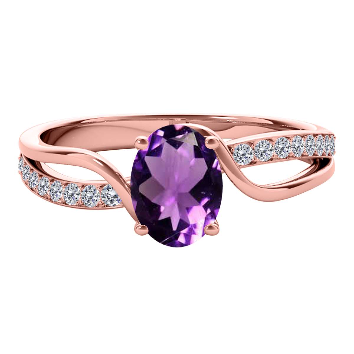 Maulijewels 1.40 Carat Oval Shape Amethyst & Round White Diamond Gemstone Ring with an Enchanting Split Shank Design in Prong-Setting 14K White, Yellow, and Rose Gold