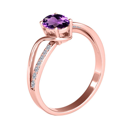 Maulijewels 1.40 Carat Oval Shape Amethyst & Round White Diamond Gemstone Ring with an Enchanting Split Shank Design in Prong-Setting 14K White, Yellow, and Rose Gold