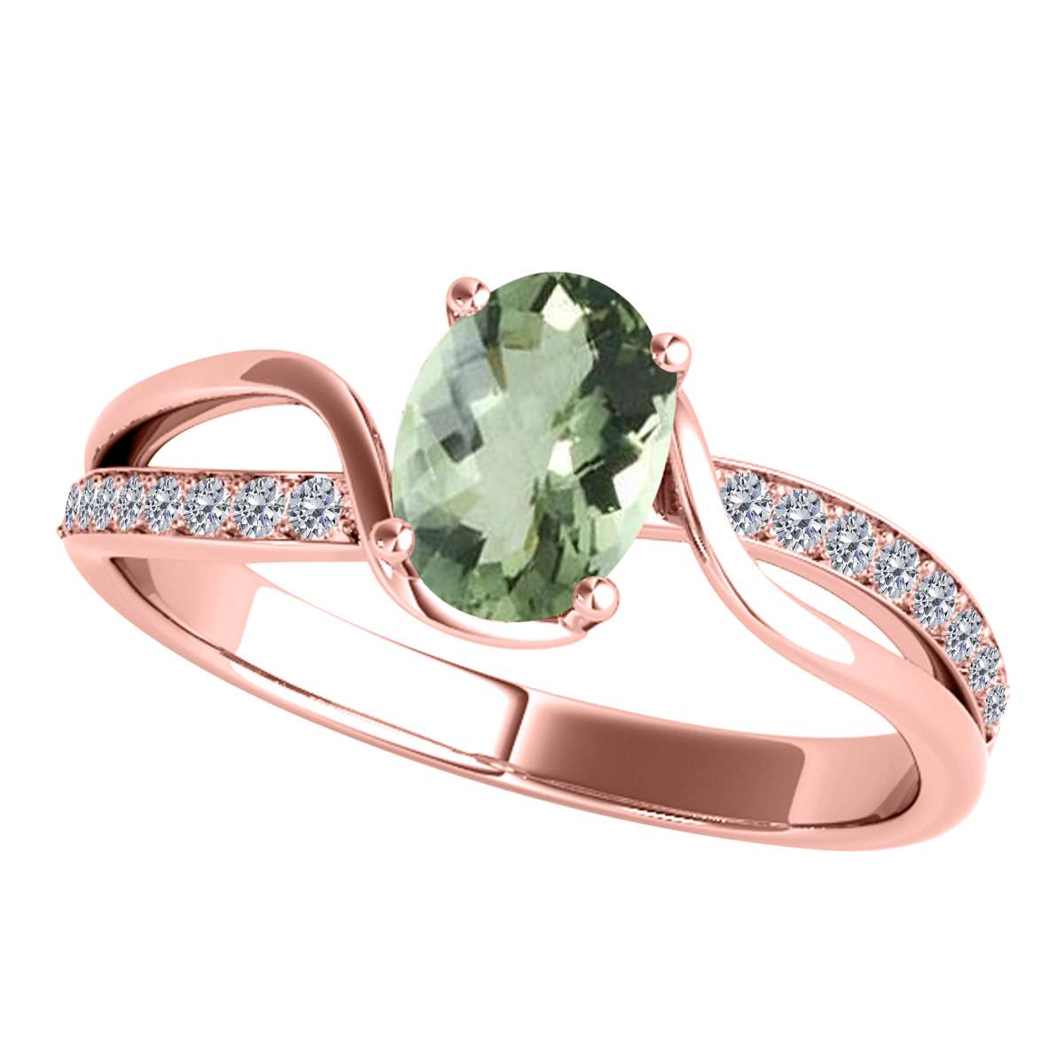 Maulijewels 1.40 Carat Oval Shape Green-Amethyst & Round White Diamond Gemstone Ring with an Enchanting Split Shank Design in Prong-Setting 14K White, Yellow, and Rose Gold