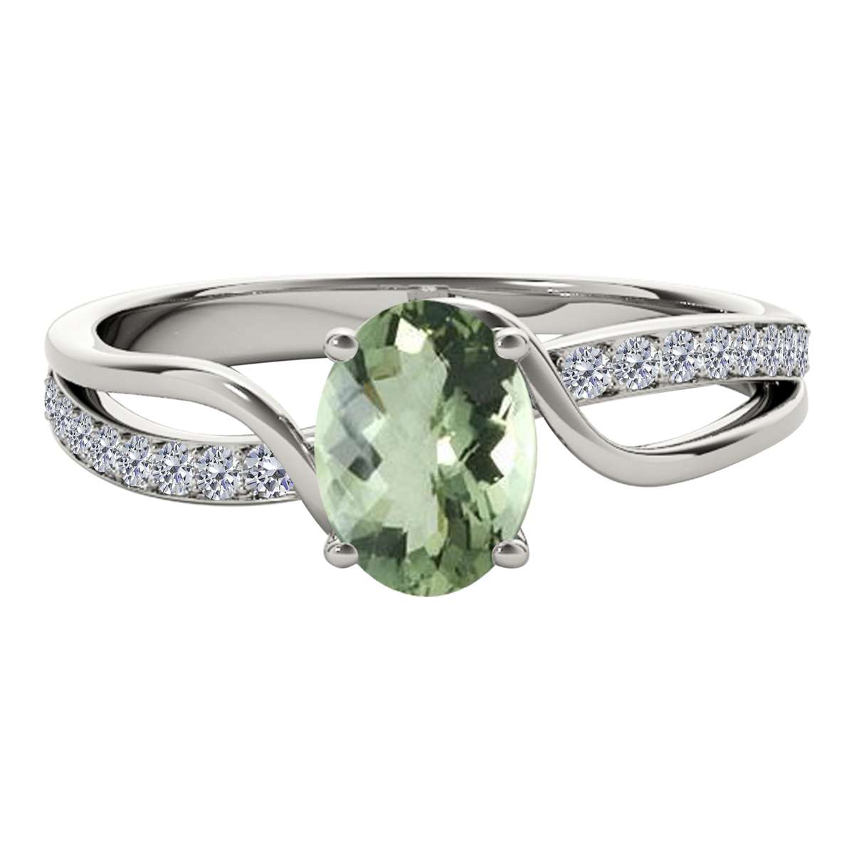 Maulijewels 1.40 Carat Oval Shape Green-Amethyst & Round White Diamond Gemstone Ring with an Enchanting Split Shank Design in Prong-Setting 14K White, Yellow, and Rose Gold