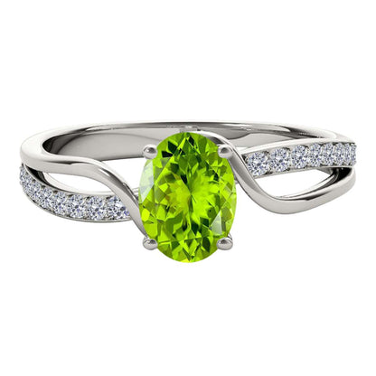 Maulijewels 1.40 Carat Oval Shape Peridot  & Round White Diamond Gemstone Ring with an Enchanting Split Shank Design in Prong-Setting 14K White, Yellow, and Rose Gold