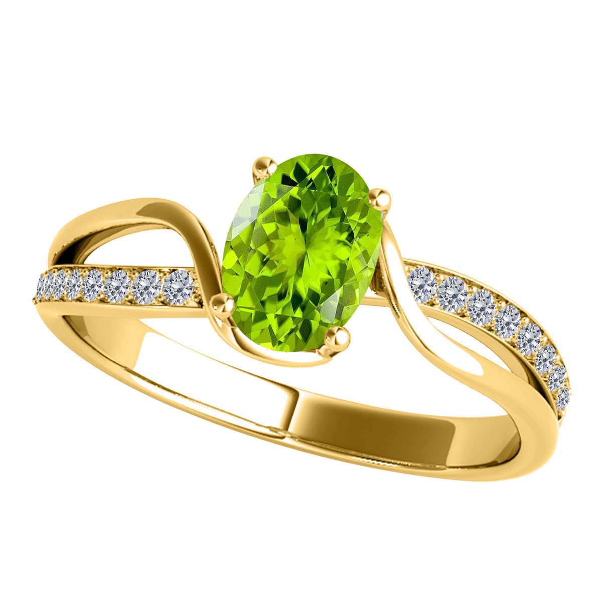 Maulijewels 1.40 Carat Oval Shape Peridot  & Round White Diamond Gemstone Ring with an Enchanting Split Shank Design in Prong-Setting 14K White, Yellow, and Rose Gold