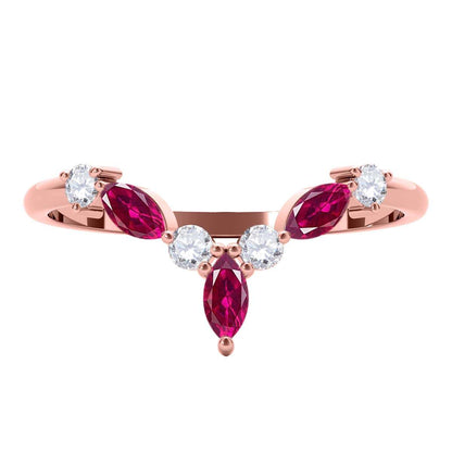 0.40 Carat Prong Set Natural Diamond & Marquise Shape Ruby Gemstone Wedding Band In 10K Rose White & Yellow Solid Gold