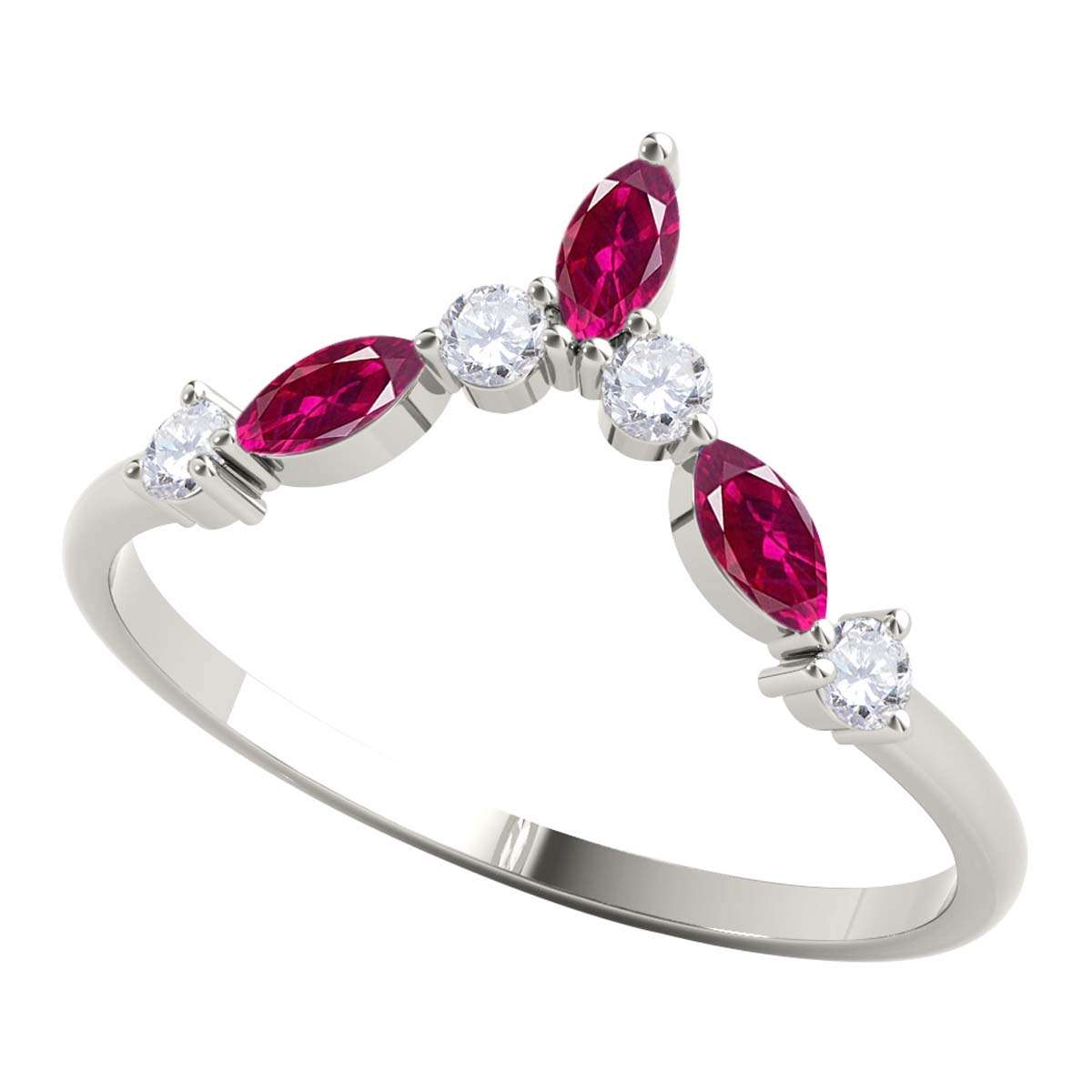 0.40 Carat Prong Set Natural Diamond & Marquise Shape Ruby Gemstone Wedding Band In 10K Rose White & Yellow Solid Gold