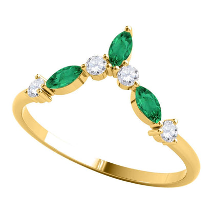 0.40 Carat Prong Set Natural Diamond & Marquise Shape Emerald Gemstone Wedding Band In 10K Rose White & Yellow Solid Gold