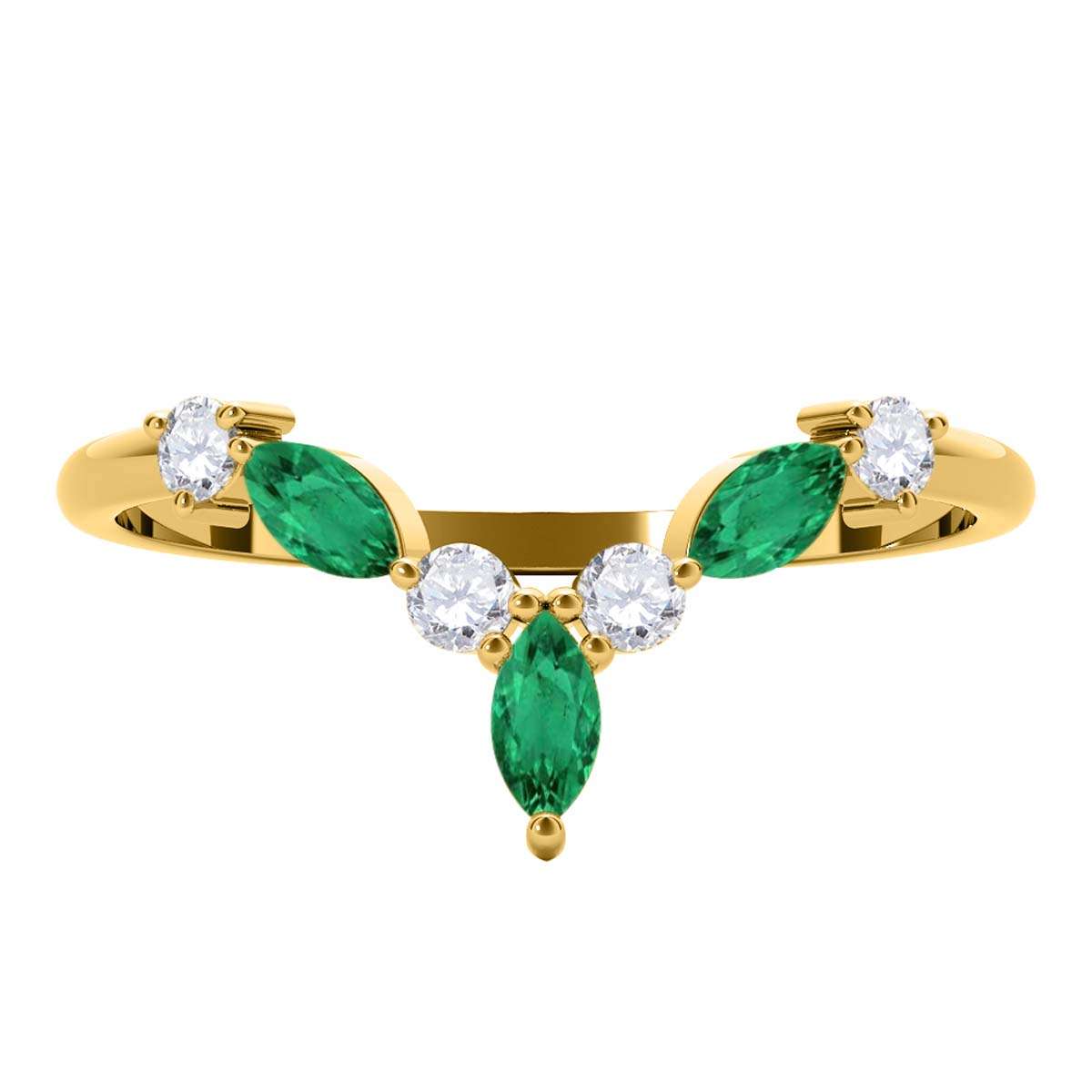 0.40 Carat Prong Set Natural Diamond & Marquise Shape Emerald Gemstone Wedding Band In 10K Rose White & Yellow Solid Gold