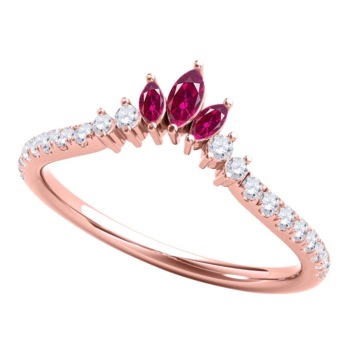 0.35 Carat Prong Set Natural Diamond & Marquise Shape Ruby Gemstone Wedding Band In 10K Rose White & Yellow Solid Gold