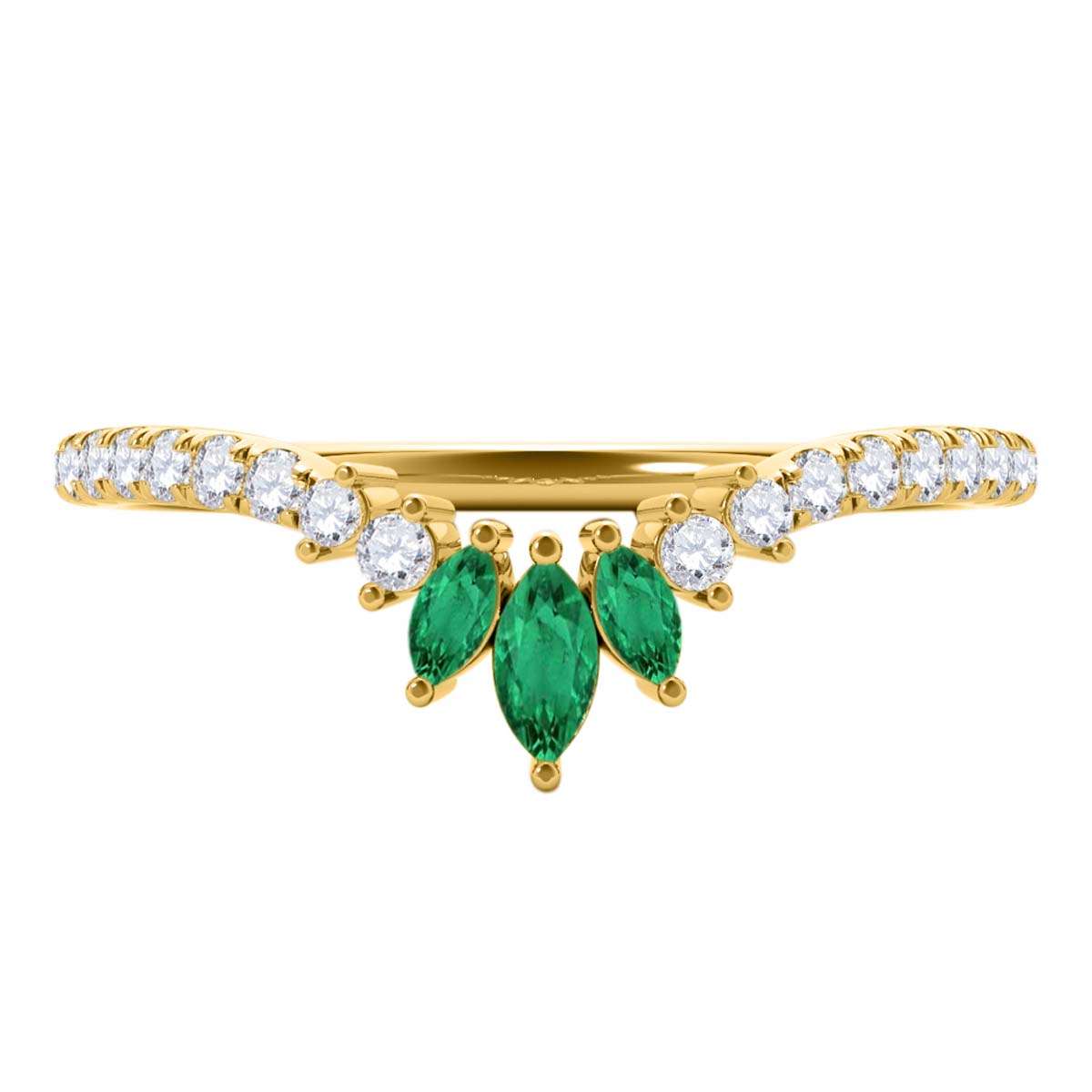 0.35 Carat Prong Set Natural Diamond & Marquise Shape Emerald Gemstone Wedding Band In 10K Rose White & Yellow Solid Gold