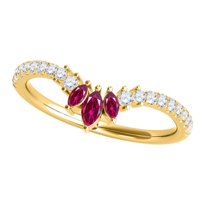 0.35 Carat Prong Set Natural Diamond & Marquise Shape Ruby Gemstone Wedding Band In 10K Rose White & Yellow Solid Gold