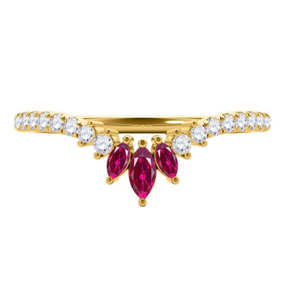 0.35 Carat Prong Set Natural Diamond & Marquise Shape Ruby Gemstone Wedding Band In 10K Rose White & Yellow Solid Gold