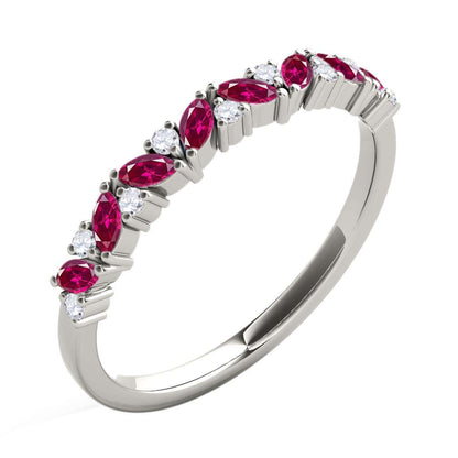 0.5 Carat Prong Set Natural Diamond & Marquise Shape Ruby Gemstone Wedding Band In 10K Rose White & Yellow Solid Gold