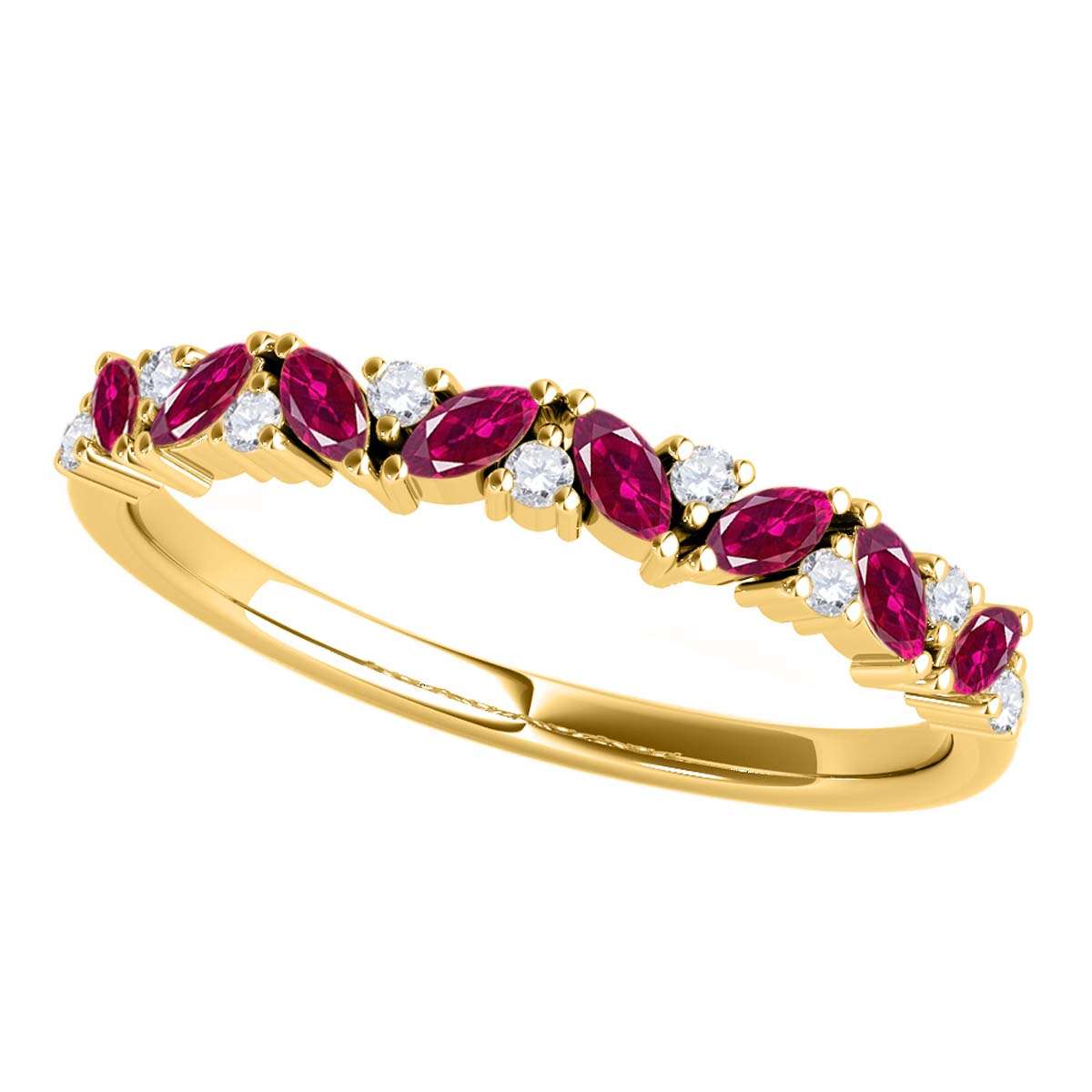 0.5 Carat Prong Set Natural Diamond & Marquise Shape Ruby Gemstone Wedding Band In 10K Rose White & Yellow Solid Gold Mauli Jewels