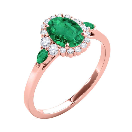 1.1 Carat Prong Set Natural Diamond & Oval/Pier Shape Emerald Gemstone Ring In 10K Rose White & Yellow Gold